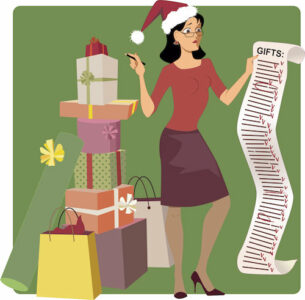 Stressed woman in a Santa hat crossing out names from a long Christmas shopping list, pile of gifts at her feet