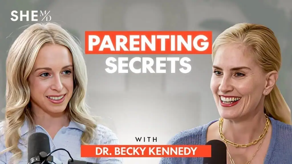 Dr. Becky Kennedy sharing parenting advice with a guest on a podcast.
