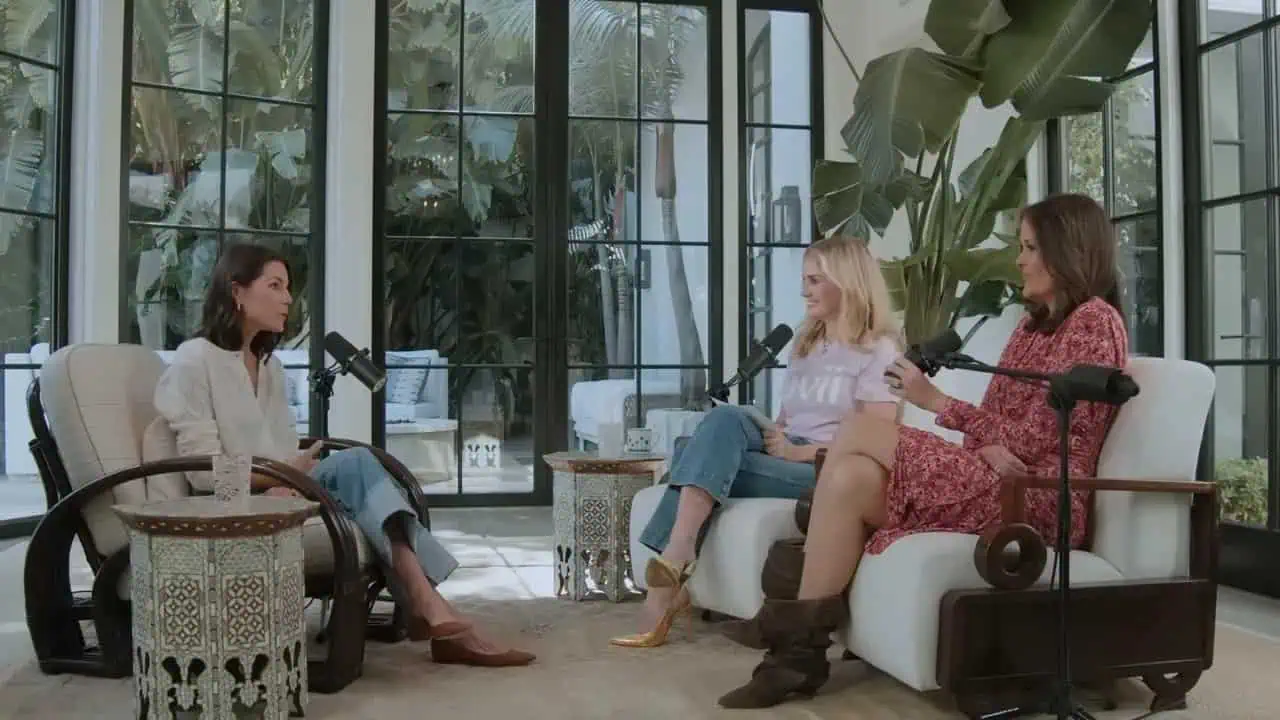 Dr. Thais Aliabadi MD during a podcast interview with two women in a bright, modern studio.
