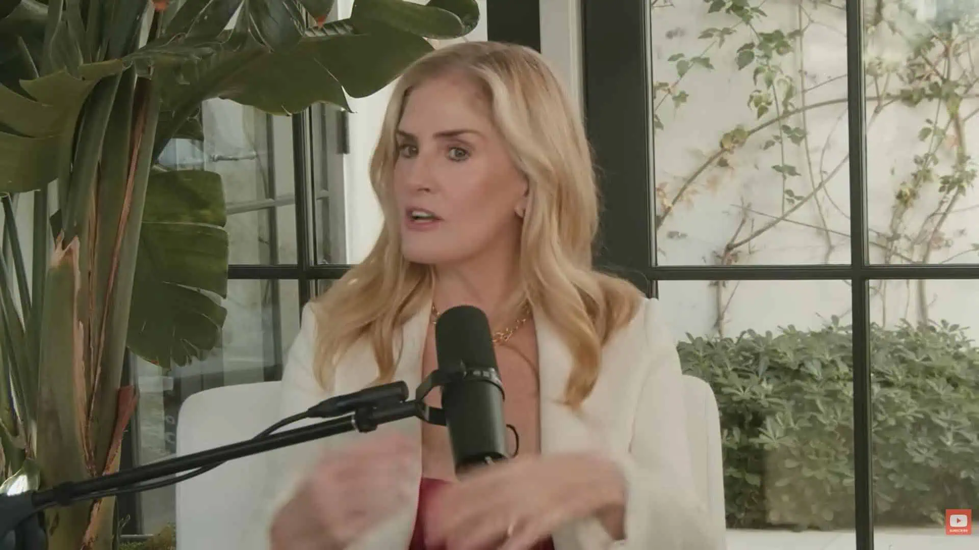 Thais Aliabadi MD speaking into a microphone in a bright, modern office setting.