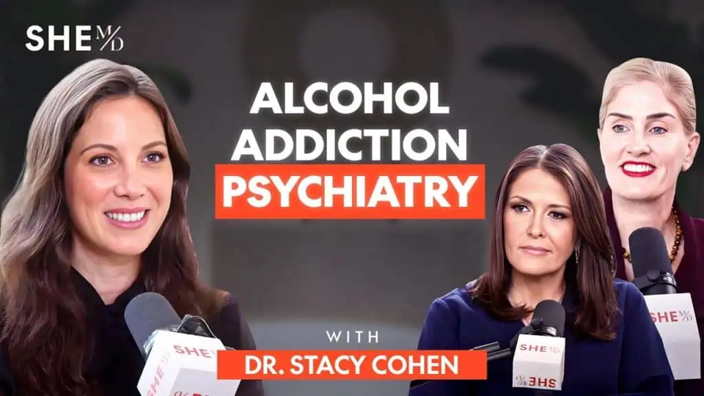 Three women speaking at a conference on alcohol addiction psychiatry with Dr. Stacy Cohen.