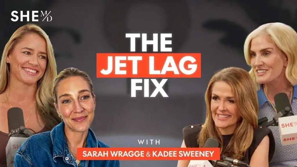 Group of women discussing jet lag solutions on a podcast set.