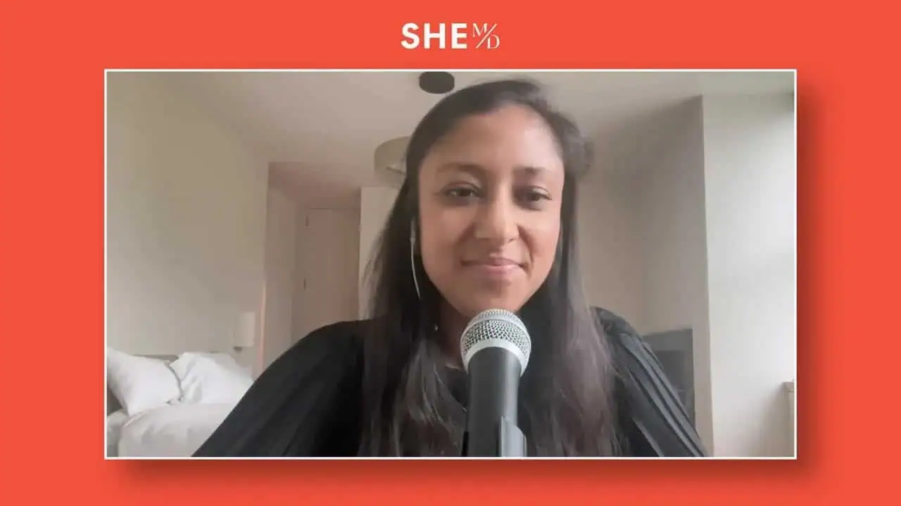 remote guest speaking in a video call frame with podcast hosts visible in another panel