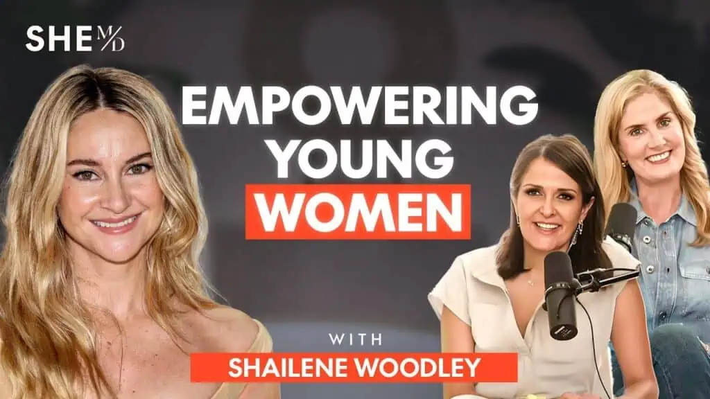 Shailene Woodley and two women speaking on a podcast about empowering young women.