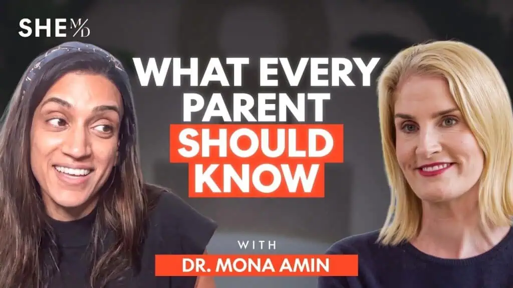 Two women in a discussion about parenting, Dr. Mona Amin and a guest, on SHE Media.