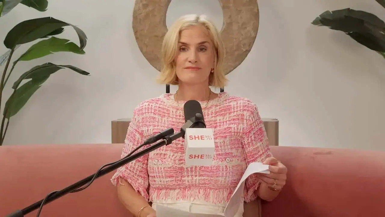 Split screen showing Ami Armstrong in a video call and Mary Alice Haney on a pink sofa