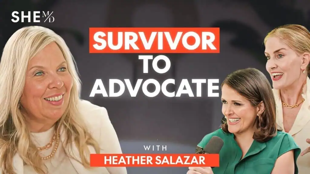 Heather Salazar, smiling woman, on a podcast about advocacy and survivor stories.