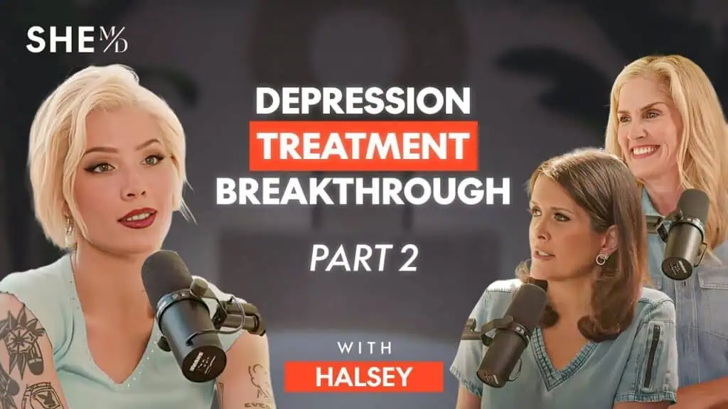 Three women discussing depression treatment breakthrough on a podcast.