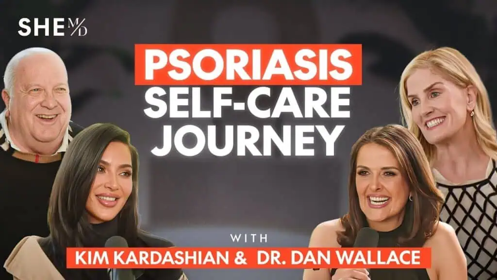 Group of women discussing psoriasis self-care with Kim Kardashian and Dr. Dan Wallace.