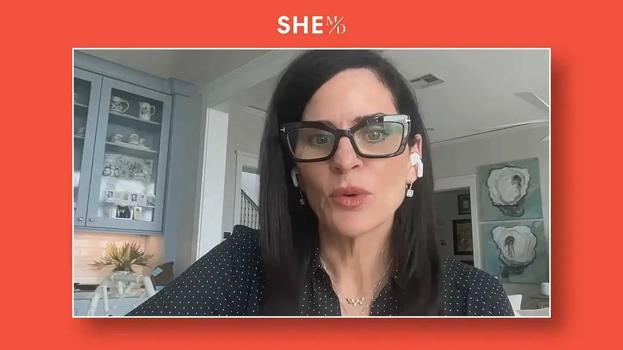 Remote guest speaking in a red framed video call window
