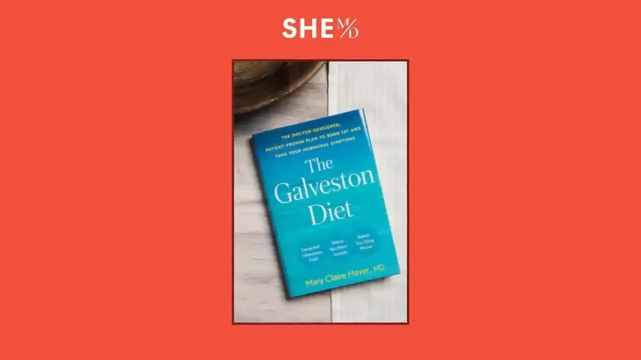 Turquoise cover of The Galveston Diet on a red background