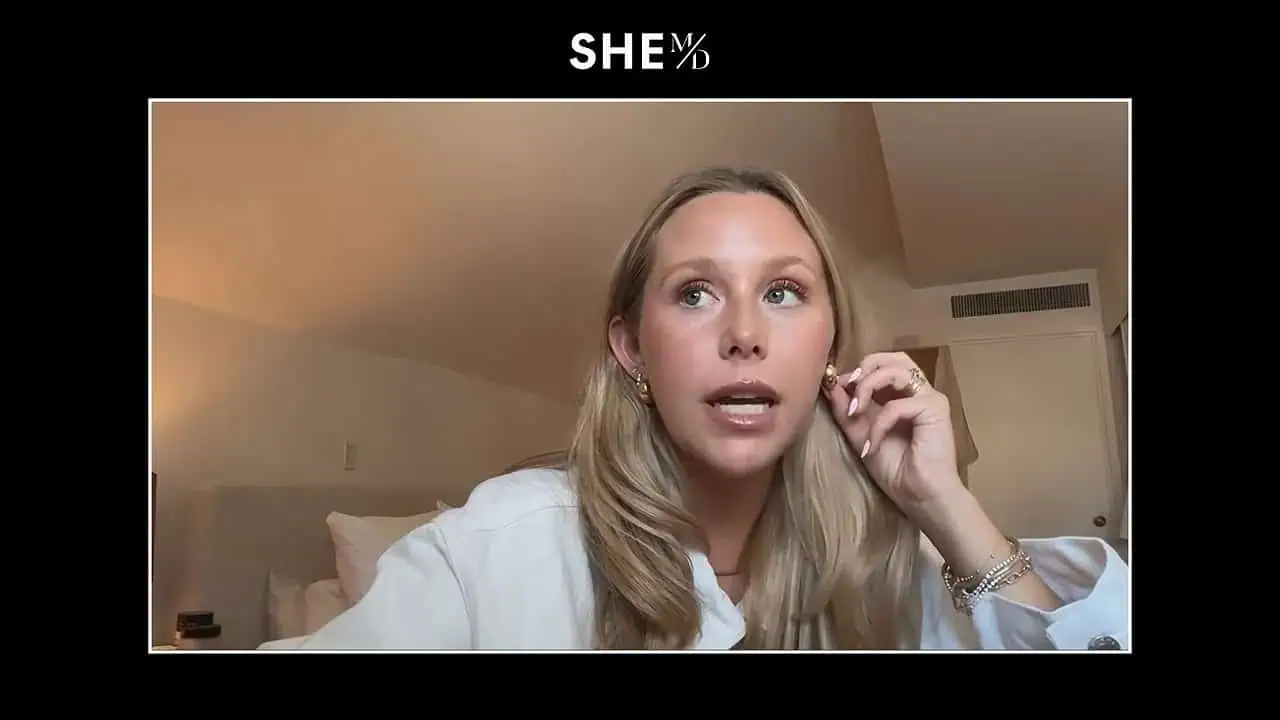 Miranda McKeon speaking remotely beneath the SHE MD logo
