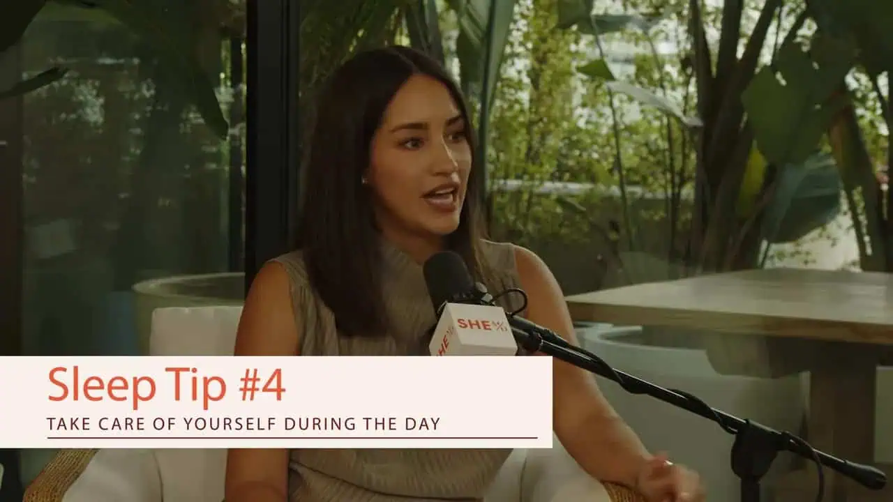 Alexandra Zatarain speaking with a Sleep Tip #4 banner