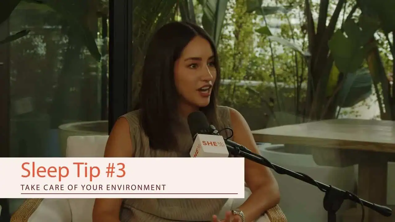 Alexandra Zatarain speaking with a Sleep Tip #3 banner