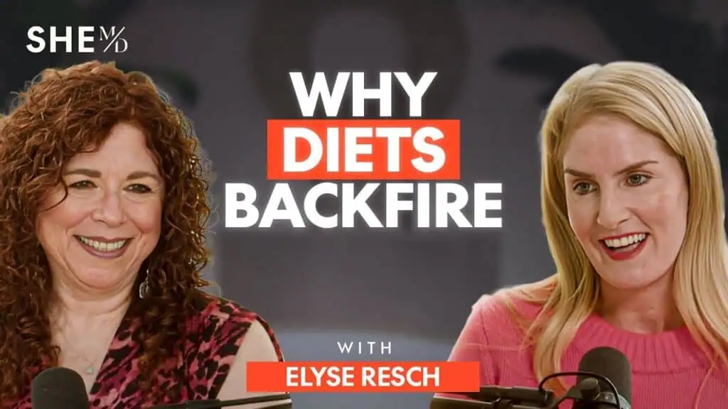 Two women smiling during a discussion on why diets backfire, hosted by Elyse Resch.